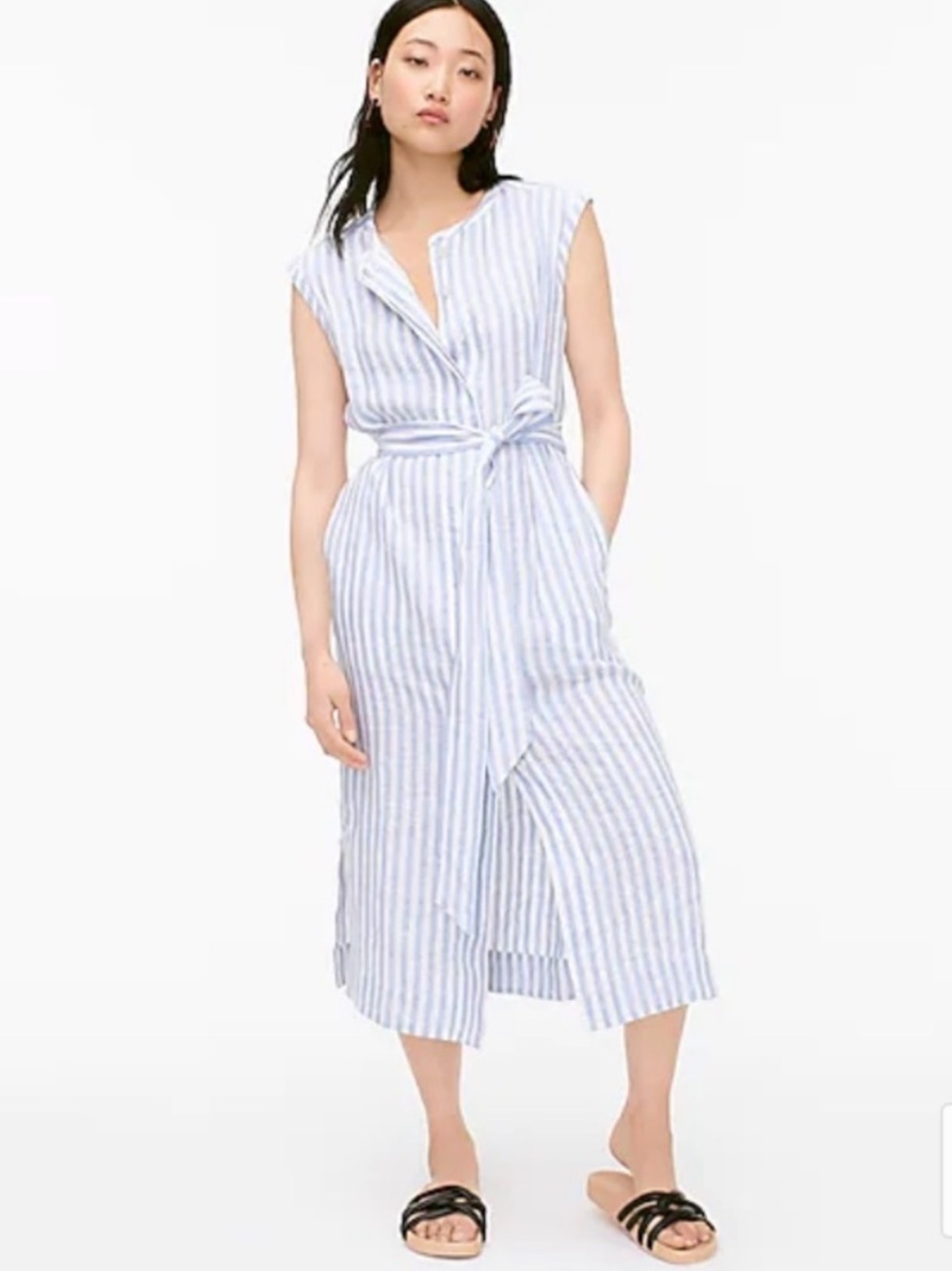 J. Crew Tie-Waist Linen Shirtdress in Stripe size Medium